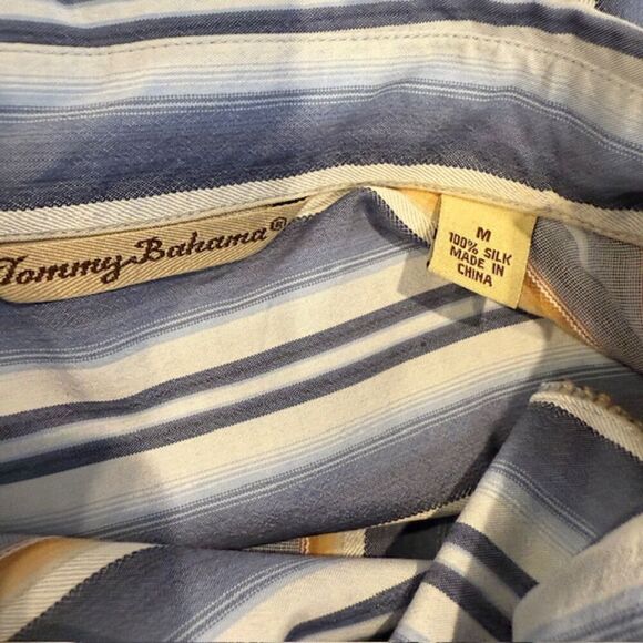 Tommy Bahama 100% Silk Striped Button Front Shirt Blue White Gold Size Medium - Picture 5 of 12